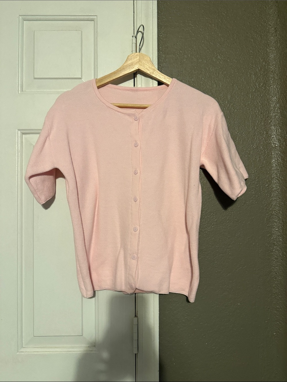 Amazon Light Pink Button-Front Short Sleeve Knit Cardigan